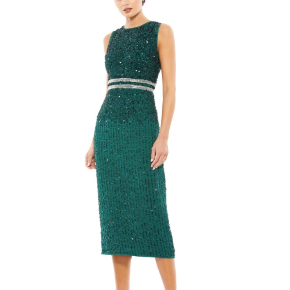 Mac Duggal SEQUINED SLEEVELESS MIDI SHEATH DRESS